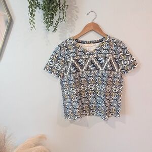 Tory Burch Geometric Short Sleeve Tee in Blue, White & Yellow. Sz. M